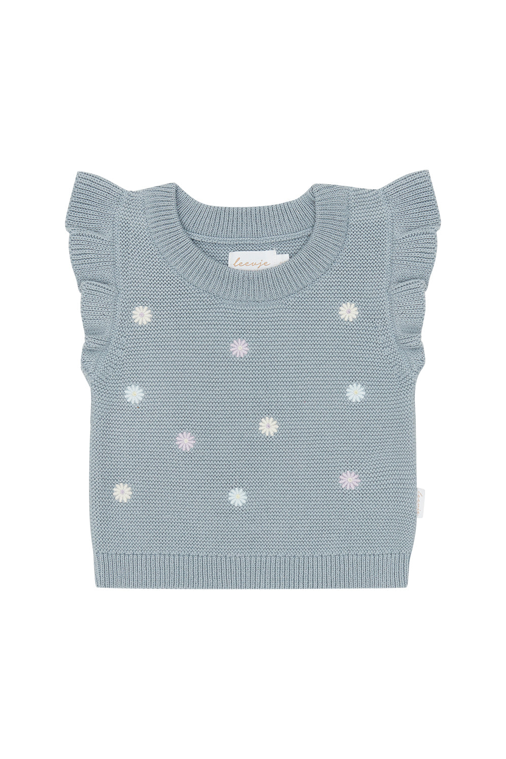 Knitted Frill Sleeve Top with Floral Embroidery