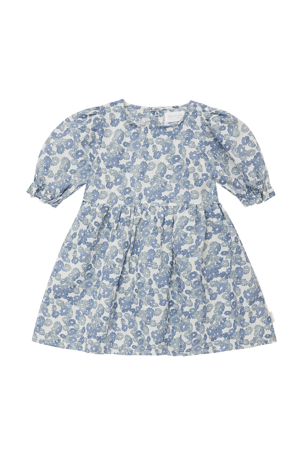 Linen Dress ‘Blue Flowers’ with Puffed Sleeves