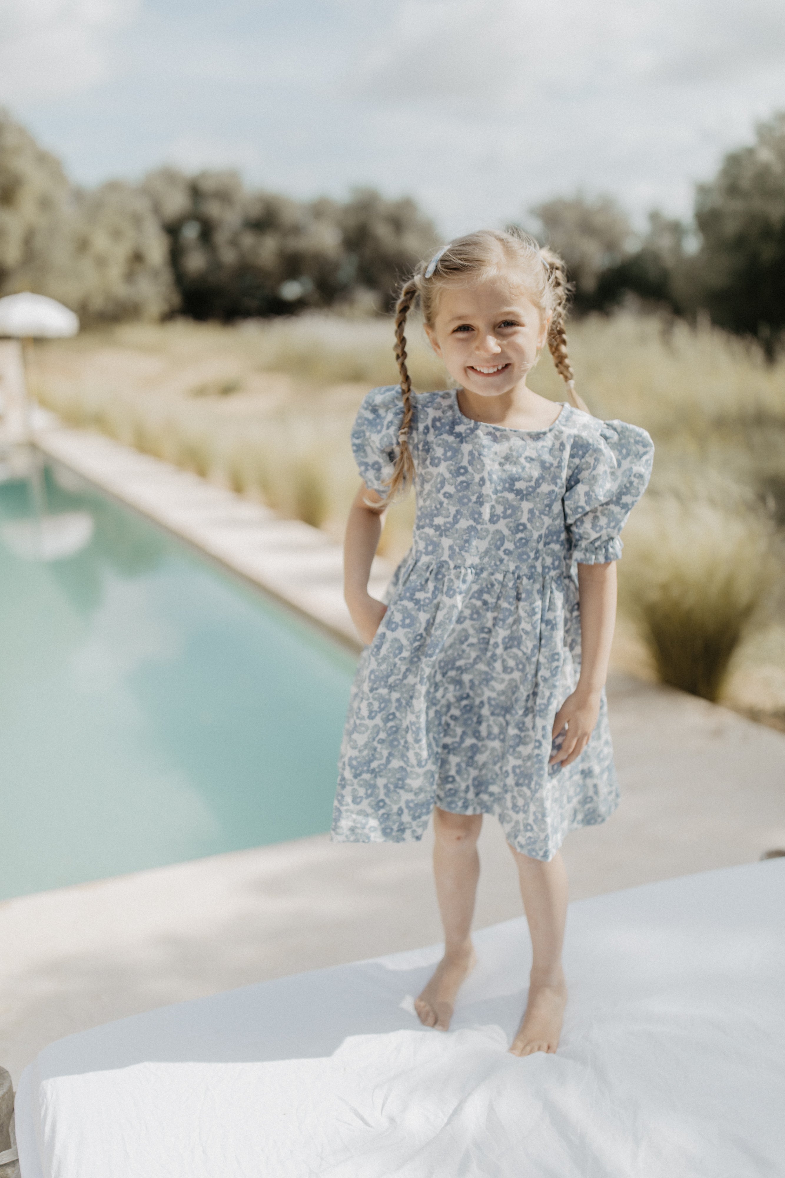 Linen Dress ‘Blue Flowers’ with Puffed Sleeves