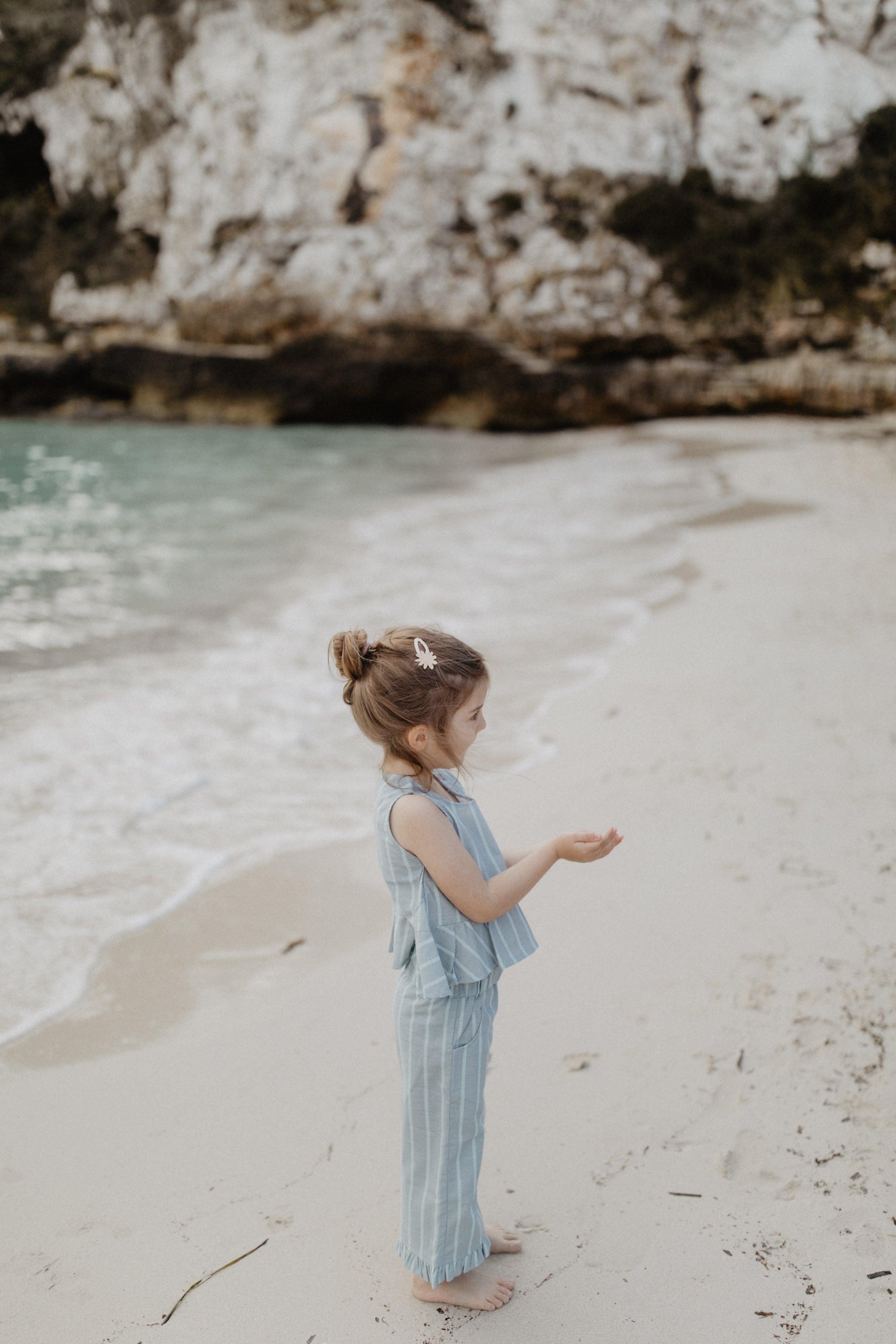 Wide Frill Hem Trousers in Linen Optic ‘Clear Blue & Aqua Stripes’