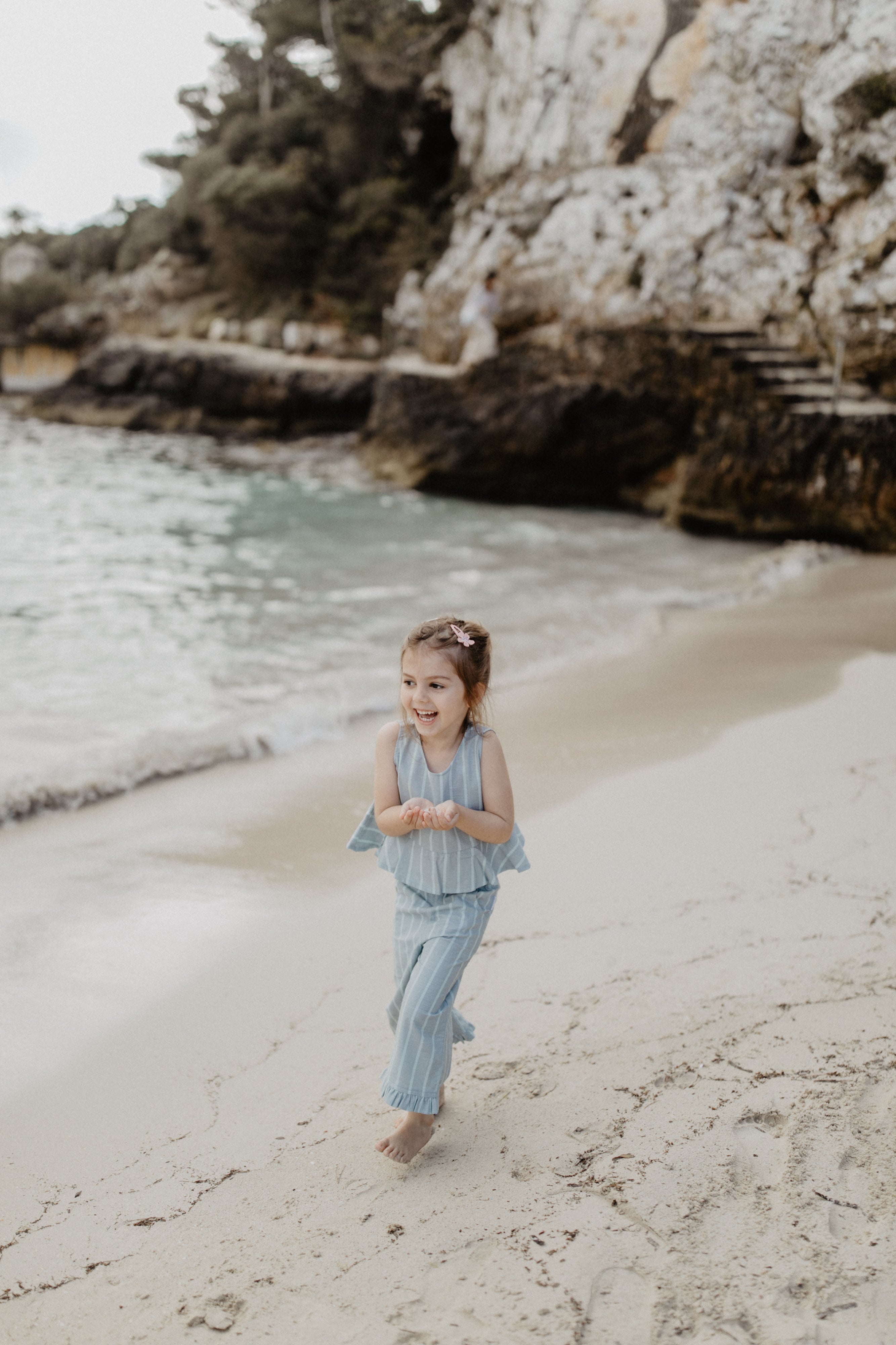 Frill Hem Top in Linen Optic ‘Clear Blue & Aqua Stripes’