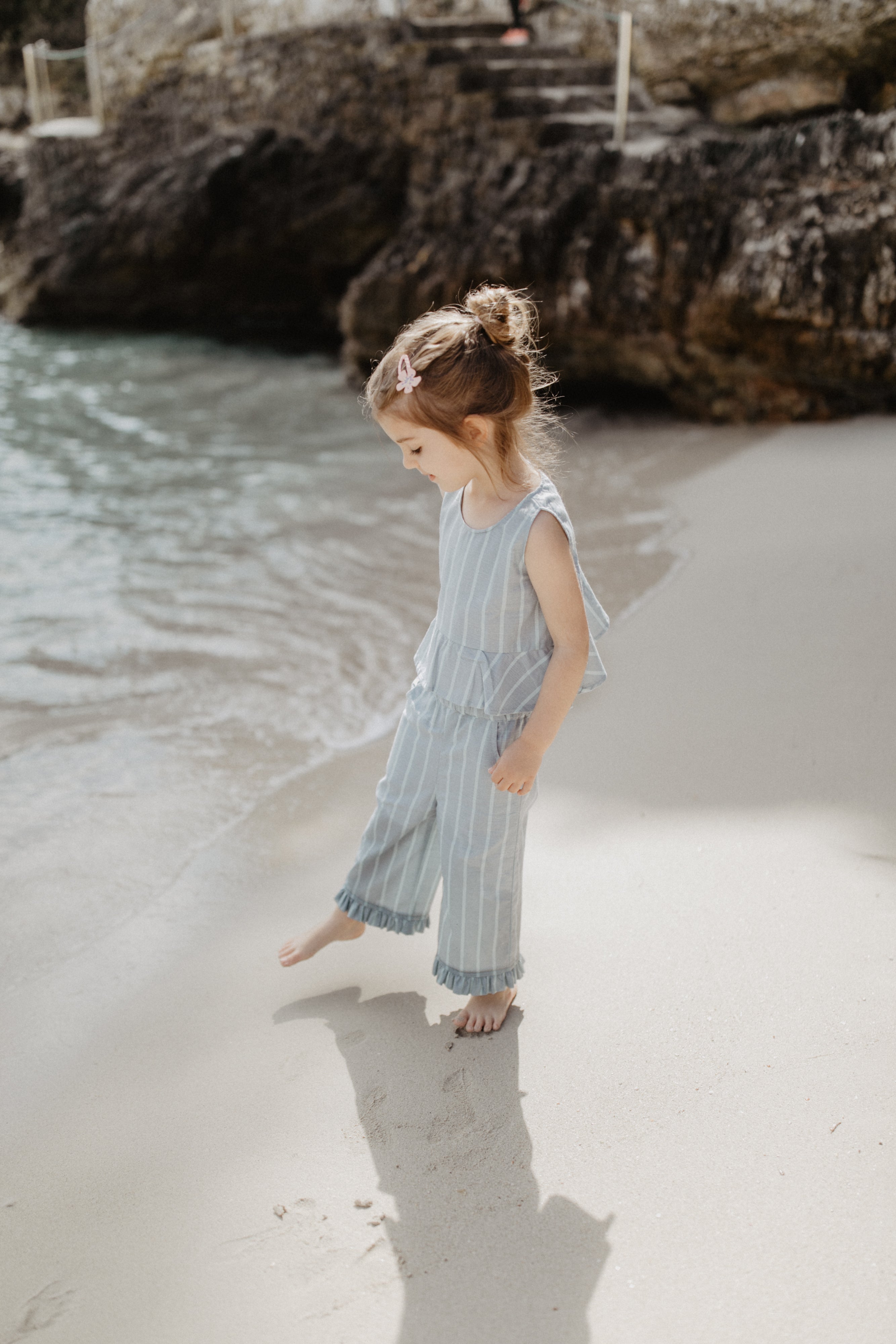Wide Frill Hem Trousers in Linen Optic ‘Clear Blue & Aqua Stripes’