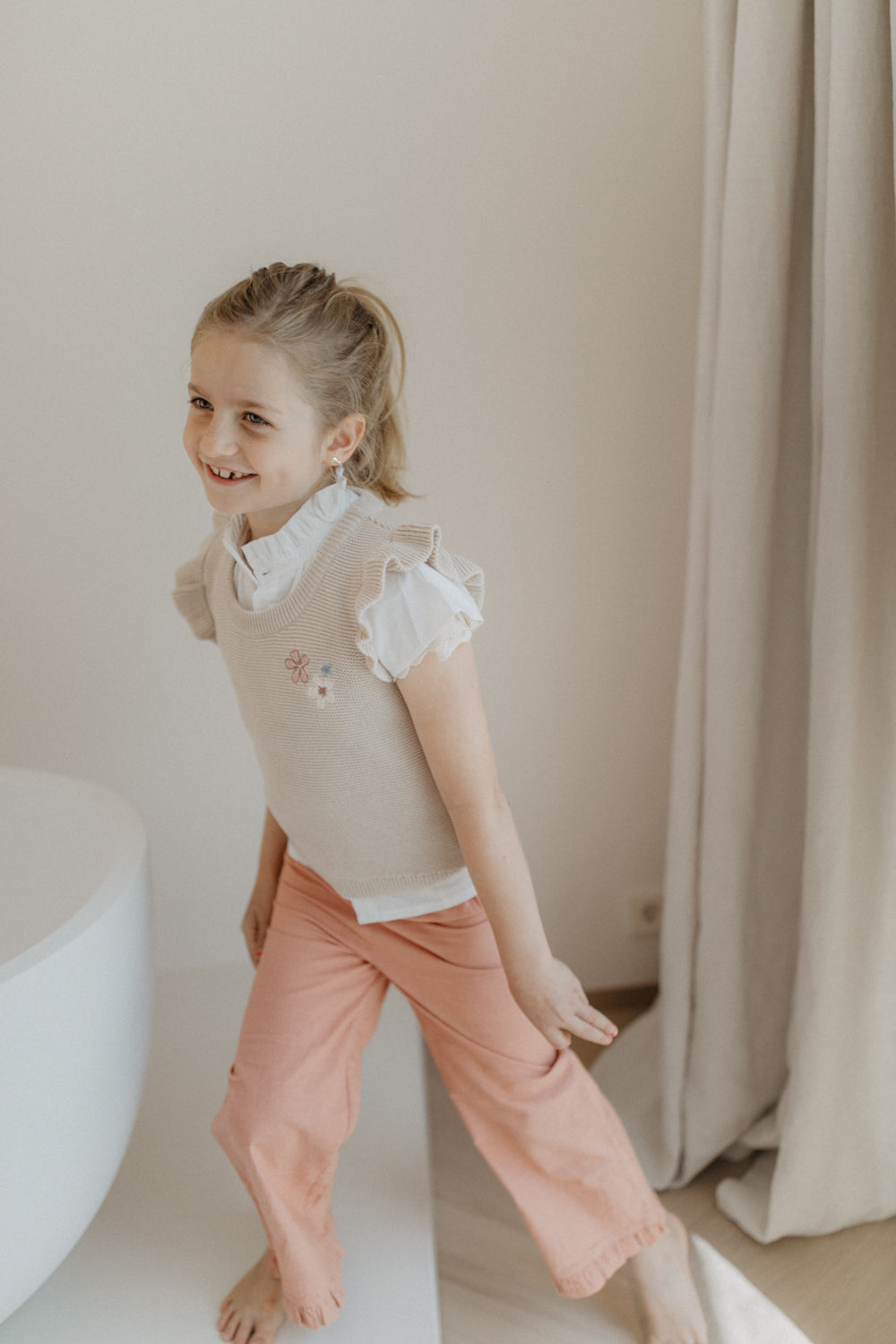 Wide Frill Hem Trousers in Linen Optic 'Terracotta'