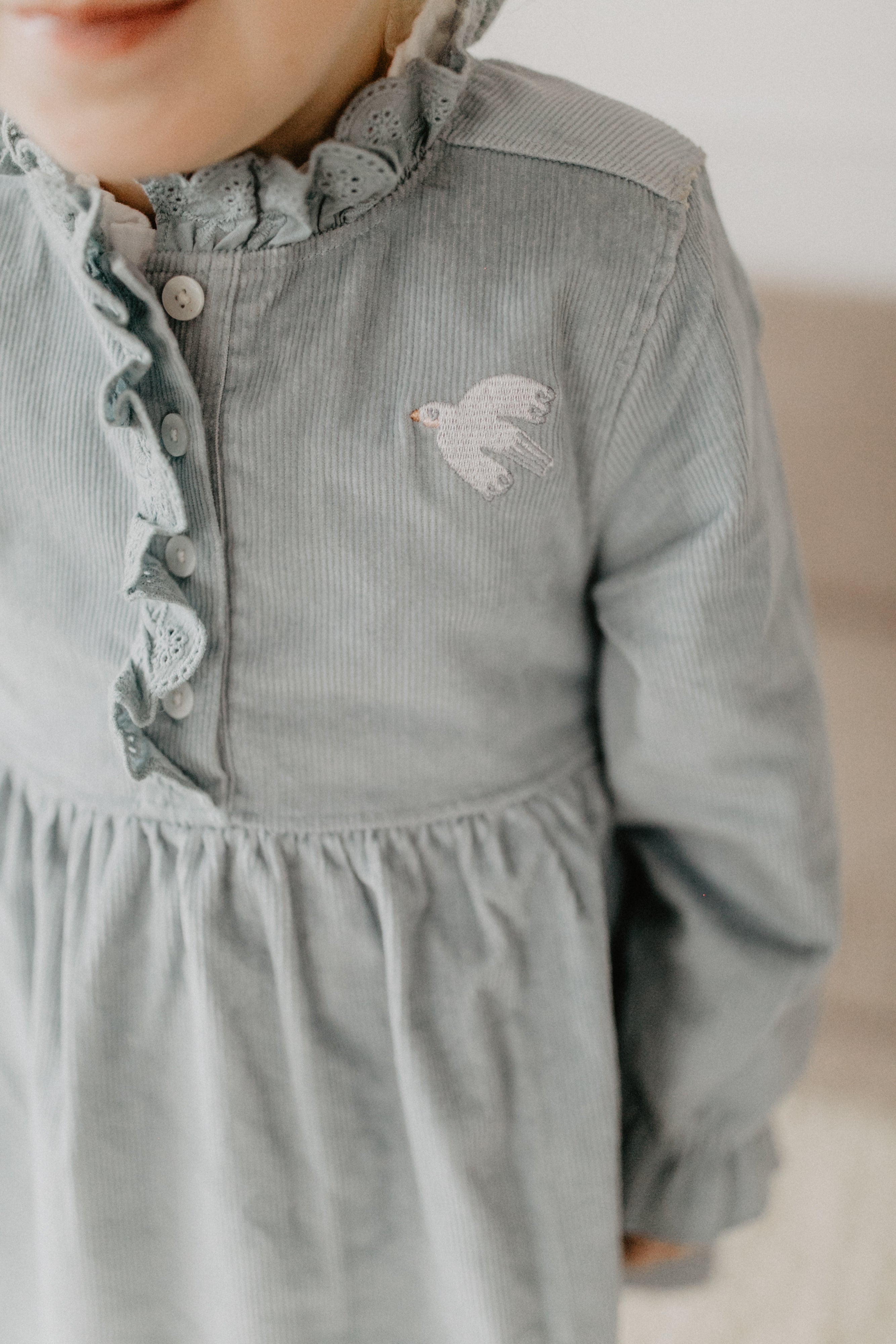 Cordkleid 'clear blue' mit Rüschendetails und Stickerei
