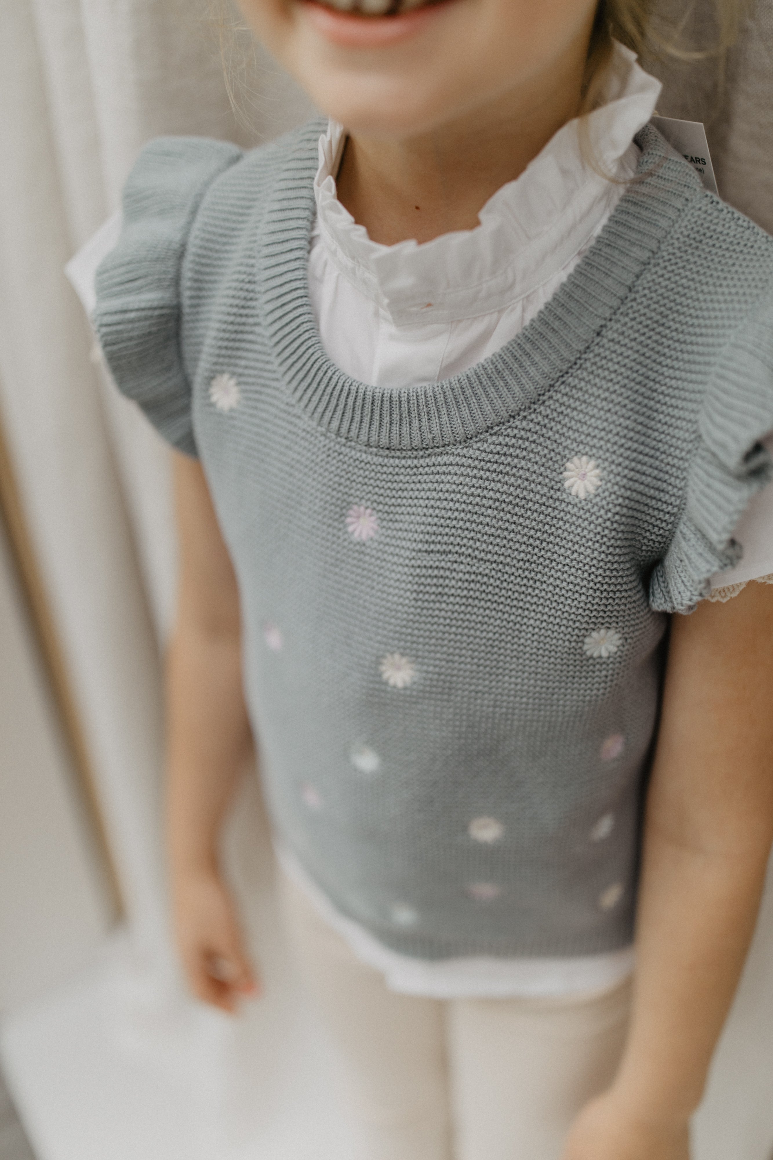 Knitted Frill Sleeve Top with Floral Embroidery