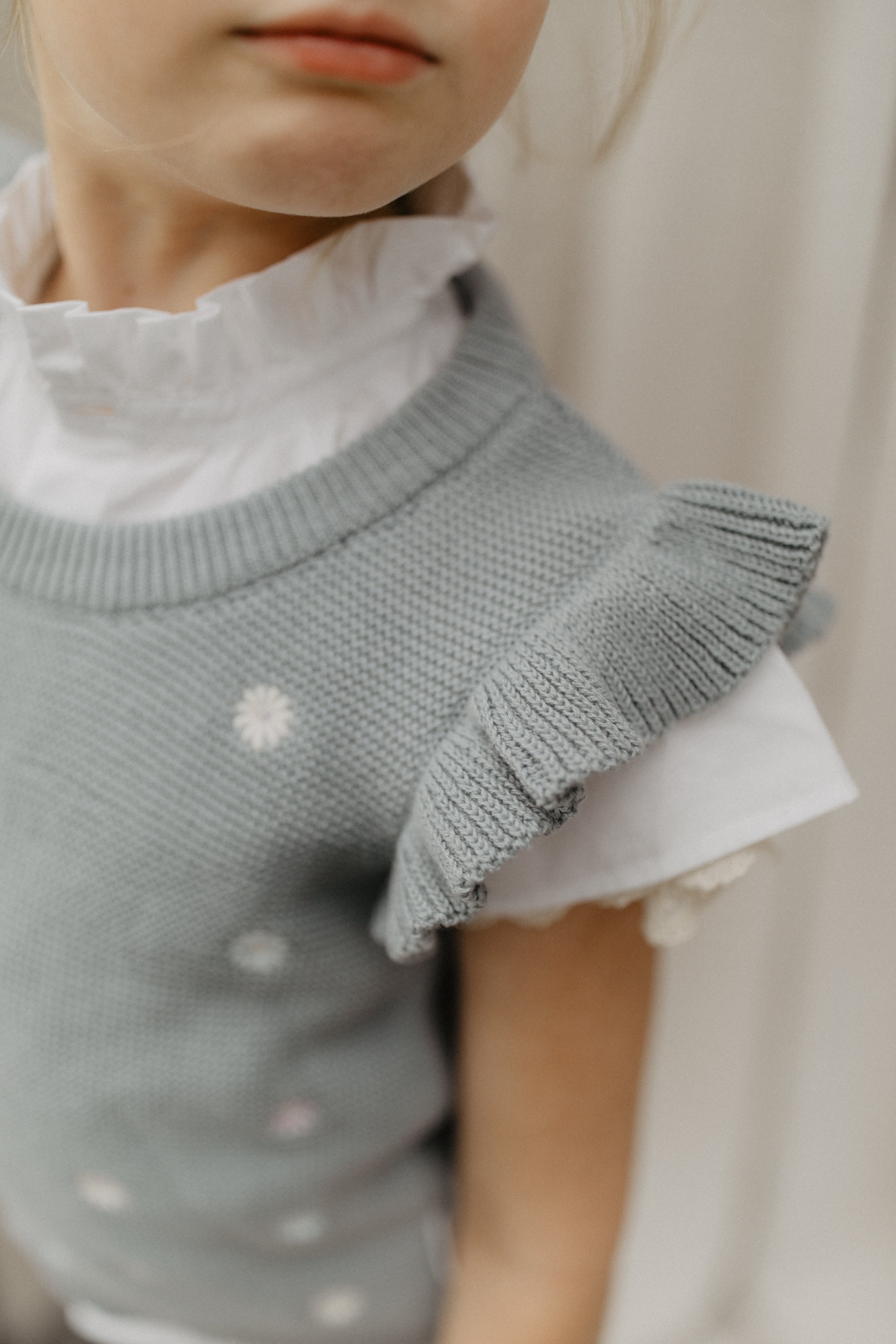 Knitted Frill Sleeve Top with Floral Embroidery