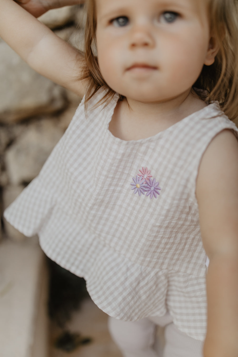 Frill Hem Gingham Top ‘Flowers’