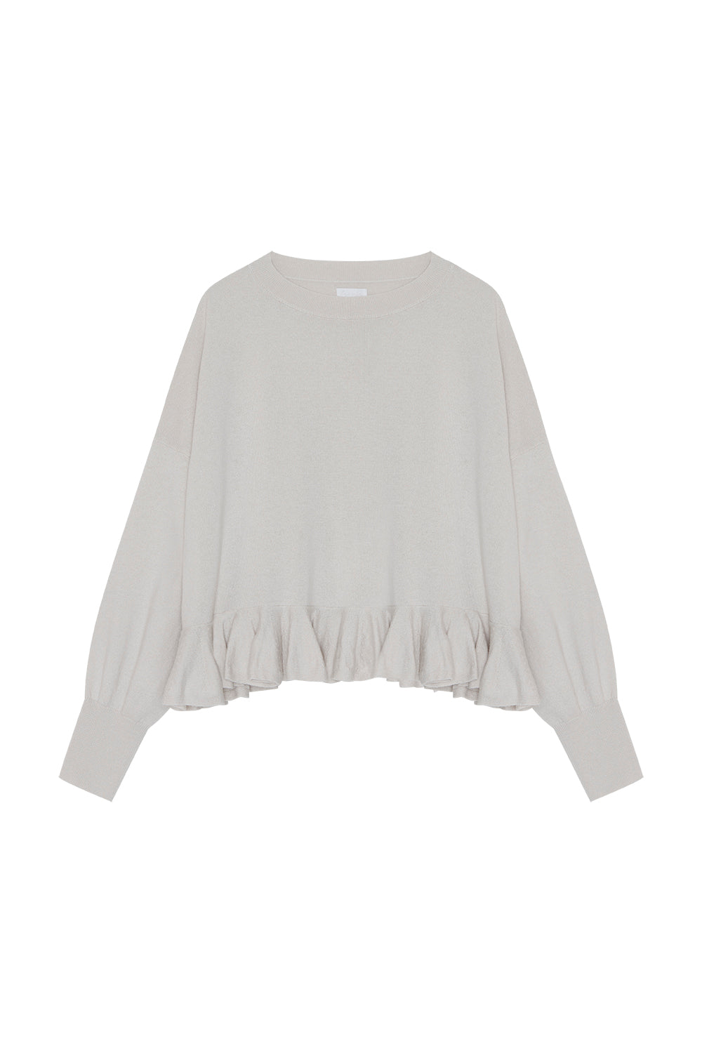 Feinstrickpullover mit Rüschenbund aus Wolle 'Gray Beige'