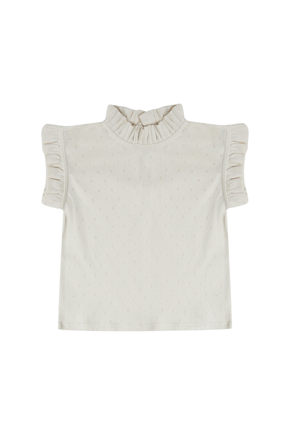 Pointelle top 'beige' with ruffled stand-up collar