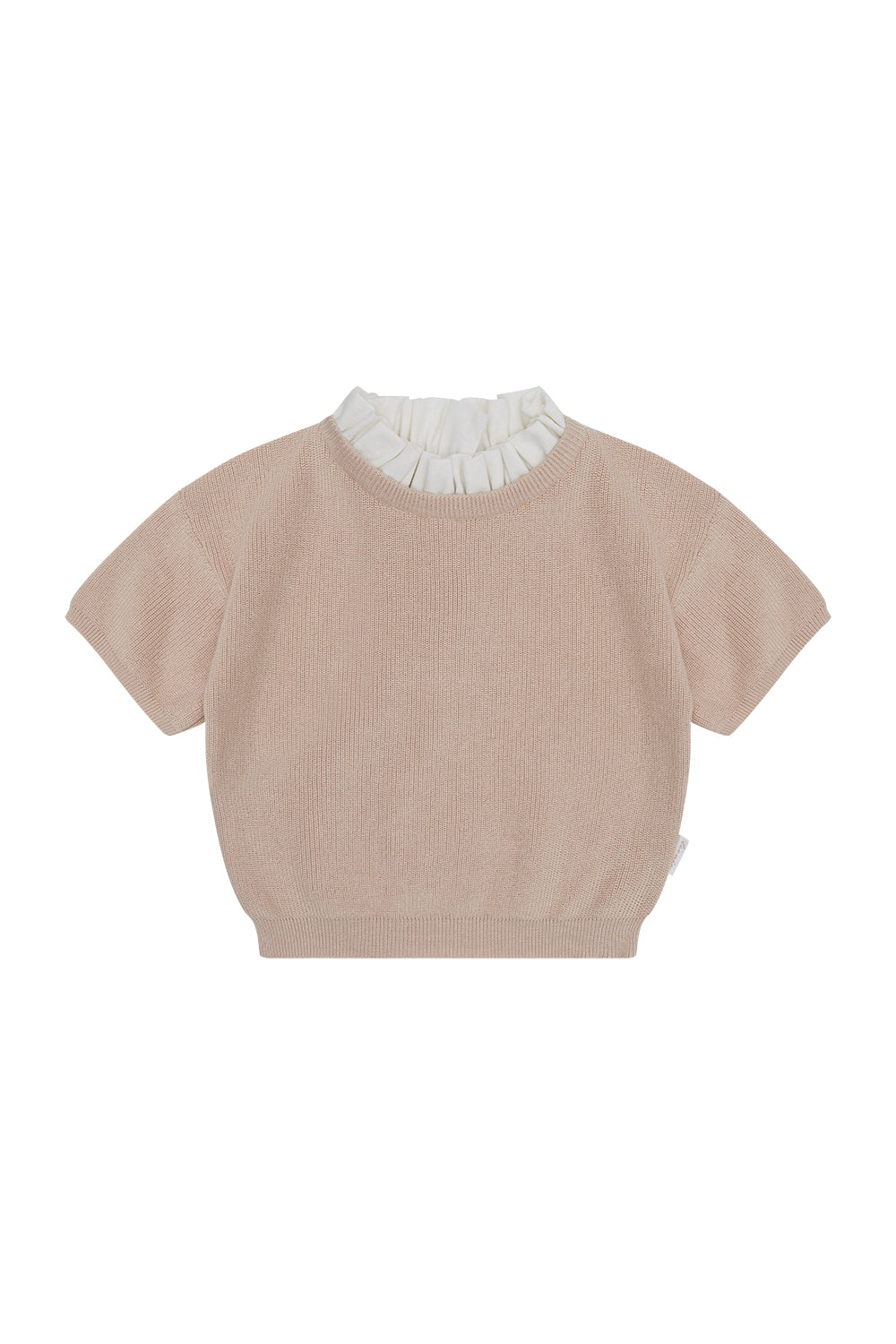 Knitted T-shirt with ruffled stand-up collar