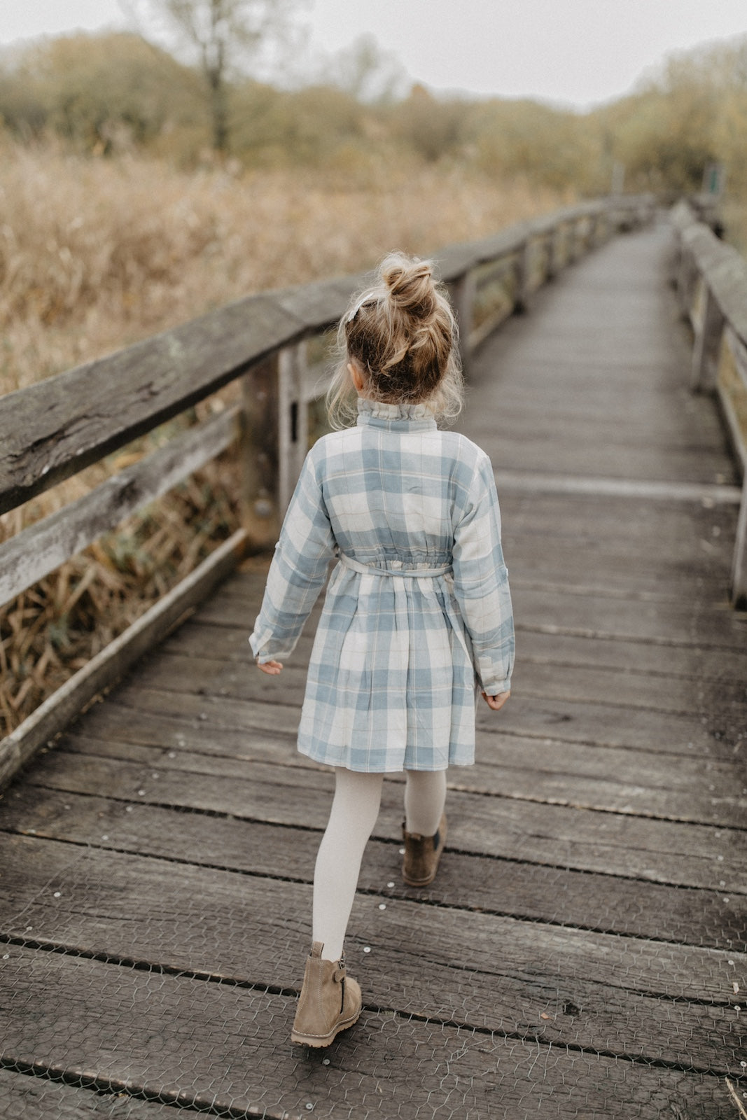 Flanell Blusenkleid 'beige & blue' mit Gürtel