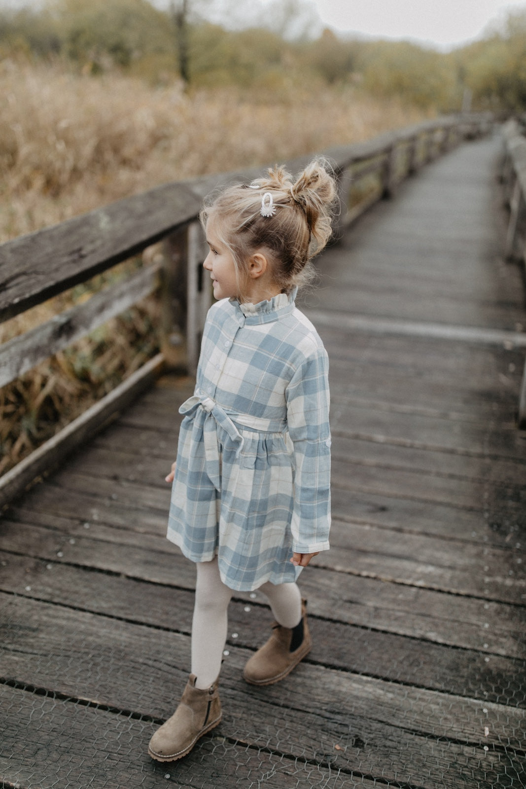 Flanell Blusenkleid 'beige & blue' mit Gürtel