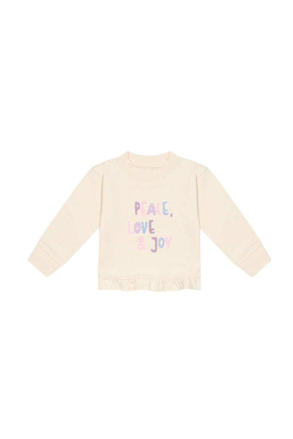 Sweatshirt 'peace, love & joy' mit Rüschensaum