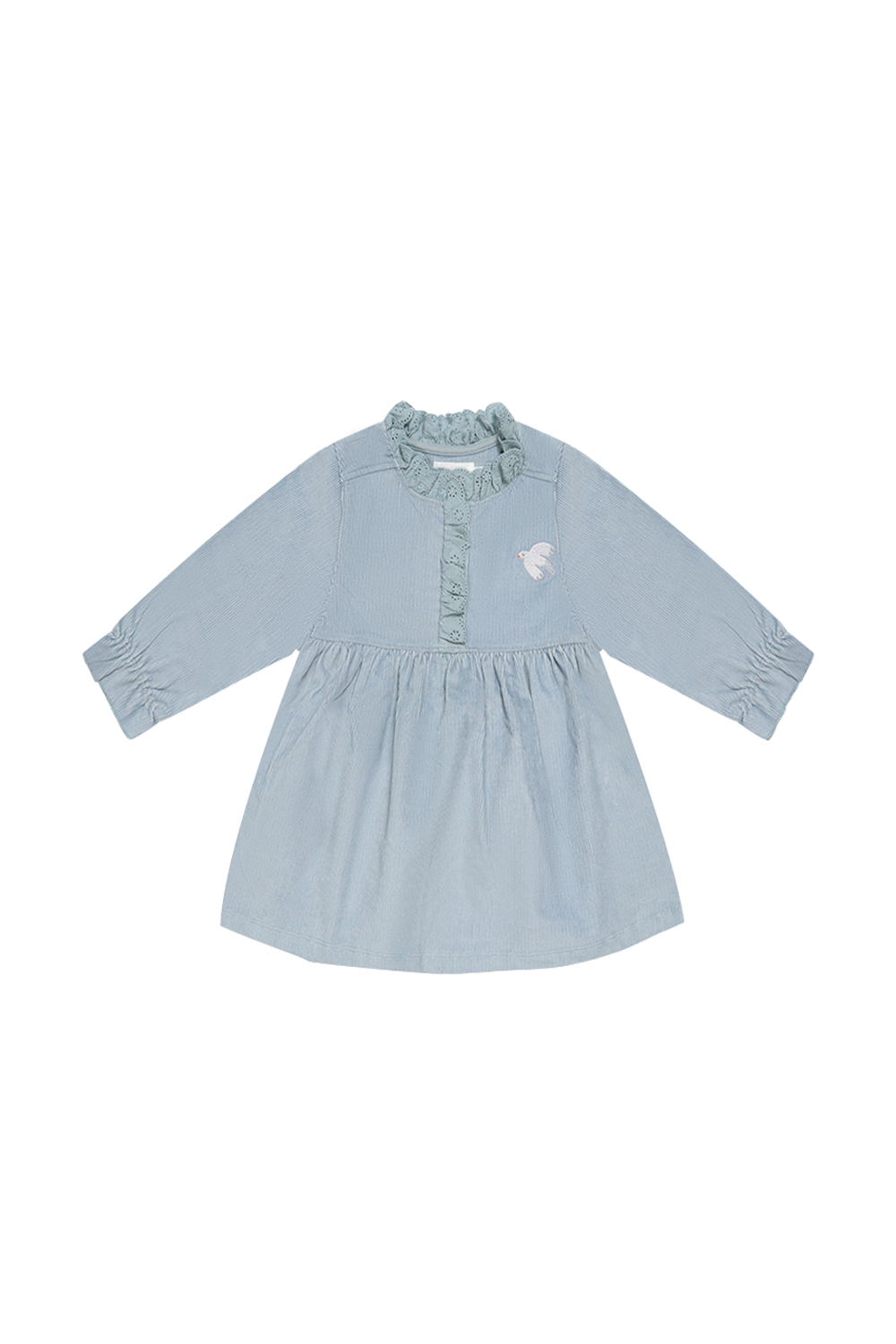 Cordkleid 'clear blue' mit Rüschendetails und Stickerei