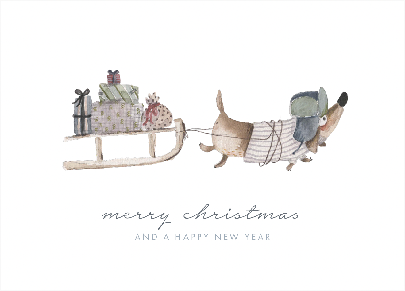 Postkarte Dackel mit Schlitten 'merry christmas'