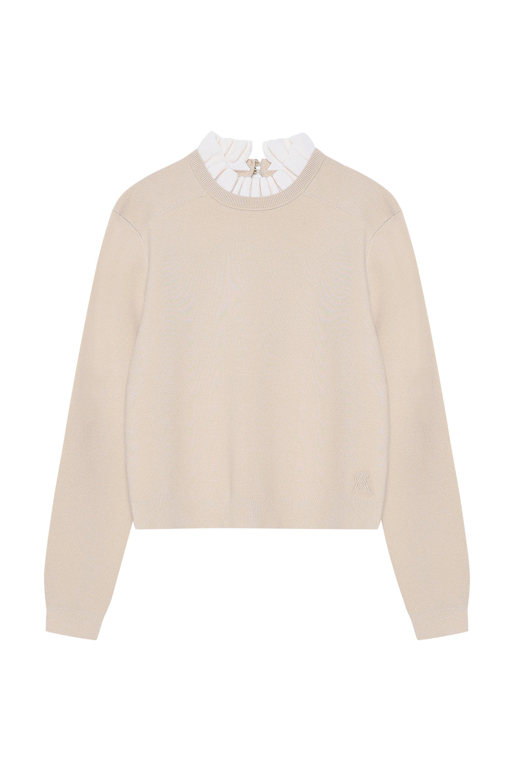 Fijn gebreide trui met gerimpelde kraag | Beige