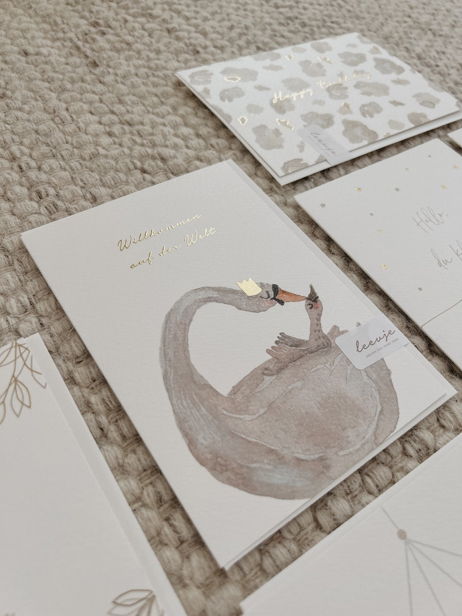 Swan greetings card 'Willkommen auf der Welt' with envelope