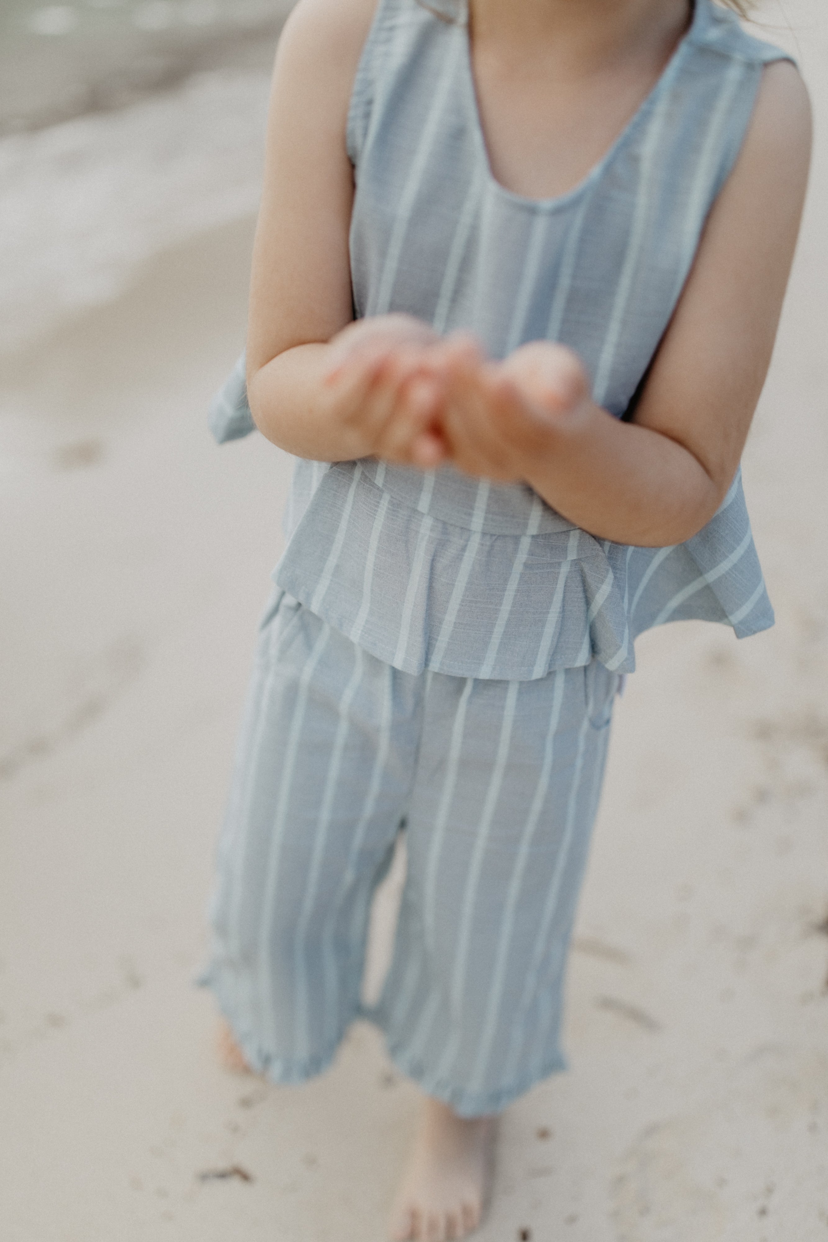 Frill Hem Top in Linen Optic ‘Clear Blue & Aqua Stripes’