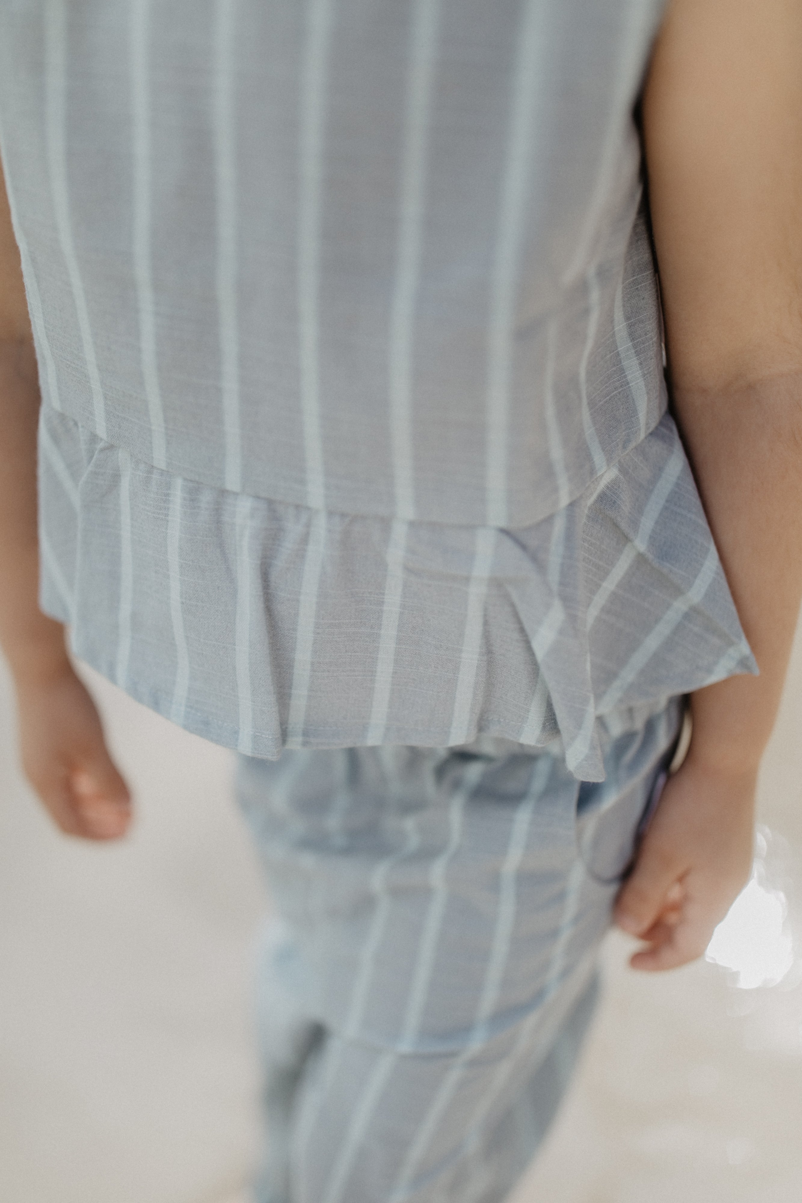Frill Hem Top in Linen Optic ‘Clear Blue & Aqua Stripes’