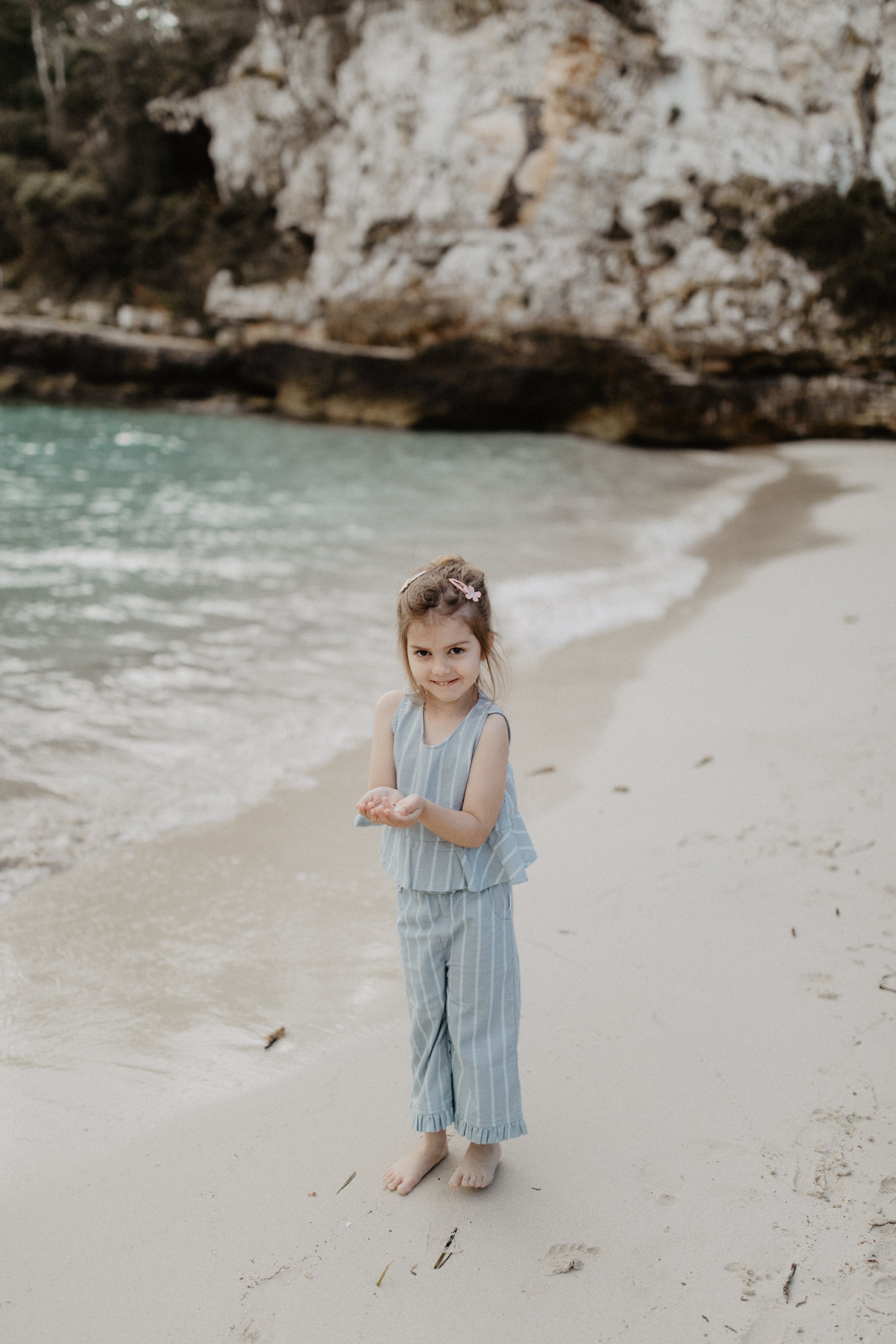 Wide Frill Hem Trousers in Linen Optic ‘Clear Blue & Aqua Stripes’