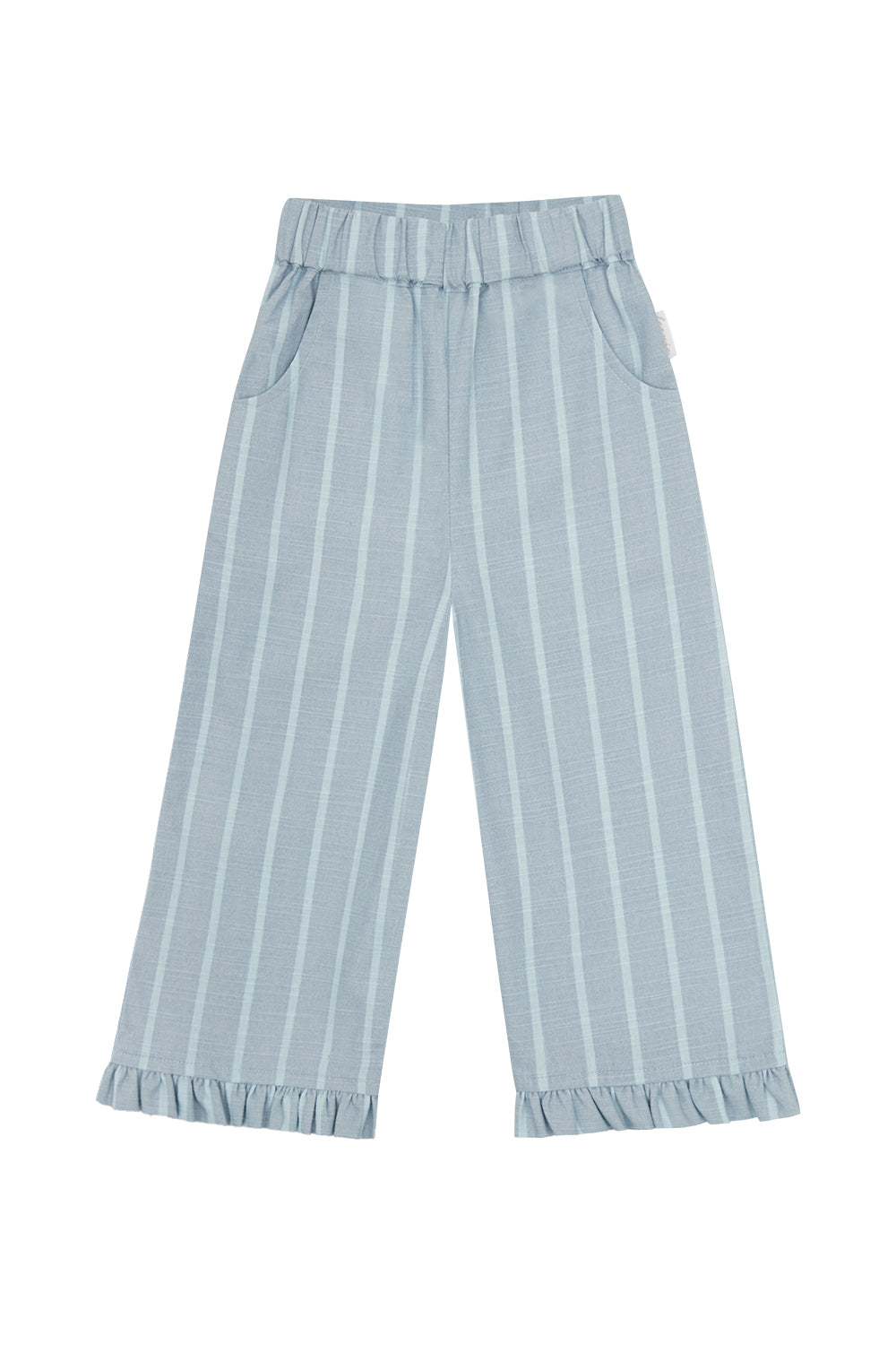 Wide Frill Hem Trousers in Linen Optic ‘Clear Blue & Aqua Stripes’