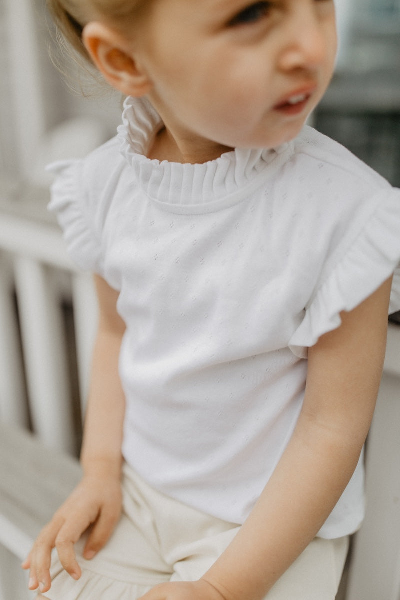 Pointelle top 'white' with ruffled stand-up collar