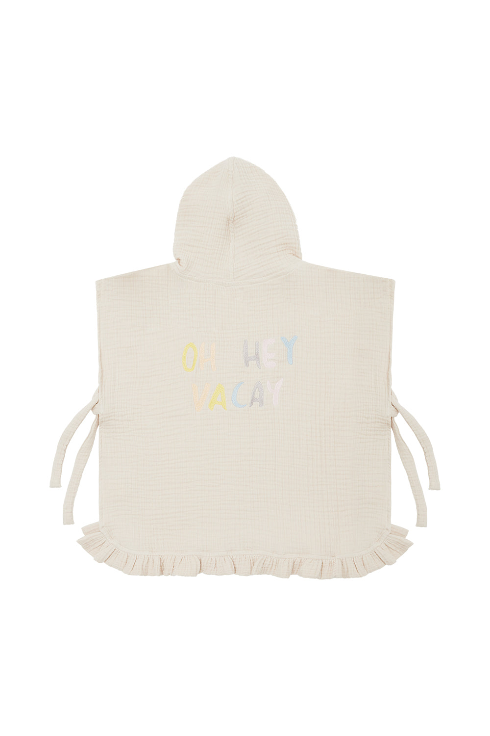 Poncho aus Musselin 'oh hey vacay' mit Rüschen