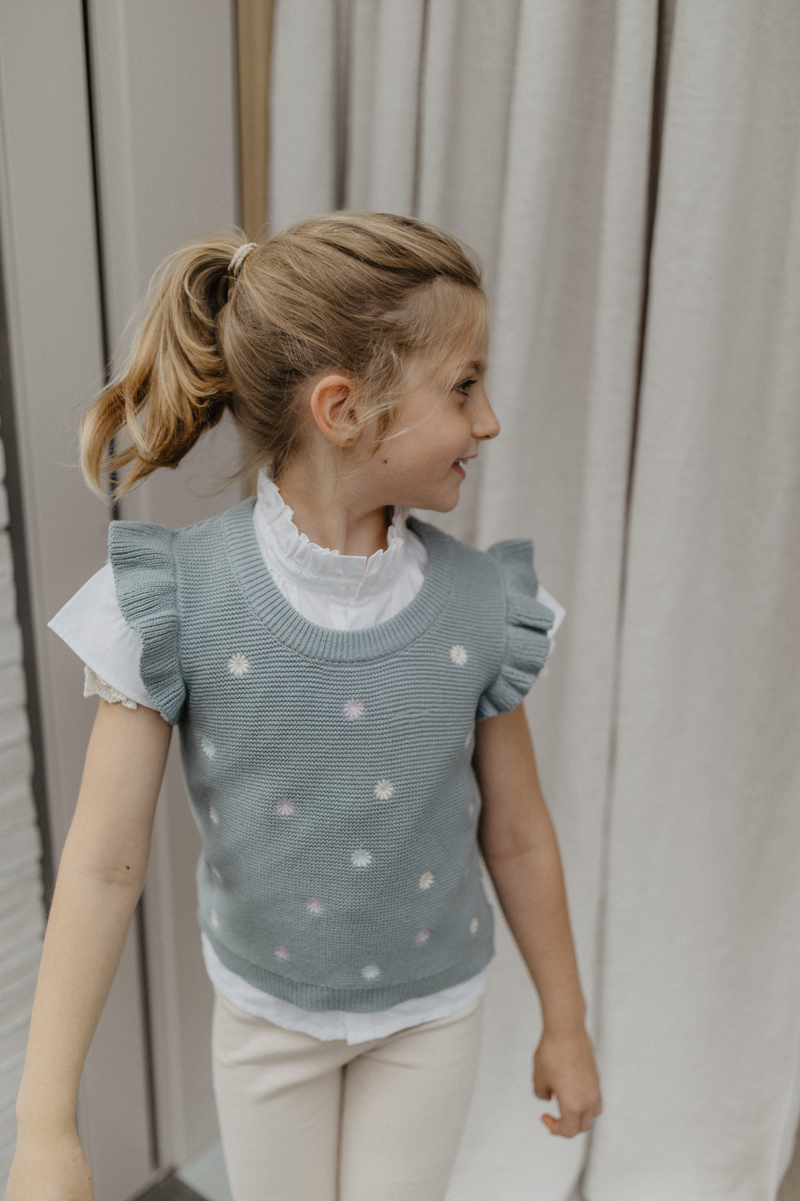 Knitted Frill Sleeve Top with Floral Embroidery