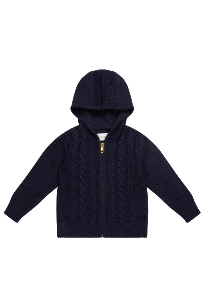 Strickjacke Navy Mit Reißverschluss Und Kapuze / 86/92 Merinowolle