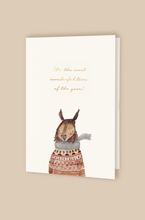 Greeting card llama "It's the most wonderful time of the year" with envelope