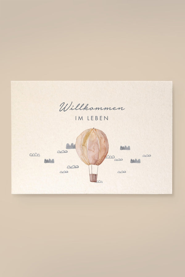 Karte Ballon „Willkommen im Leben“ aus Holzschliffpappe