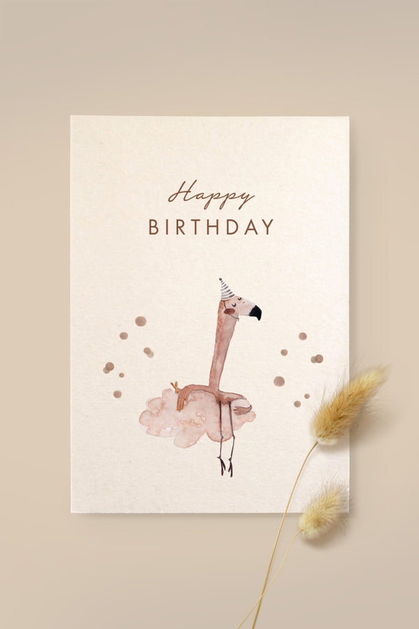 Karte Flamingo „Happy Birthday“ aus Holzschliffpappe