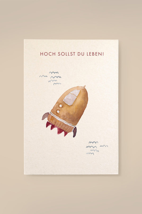 Karte Rakete 'Hoch sollst du leben' aus Holzschliffpappe