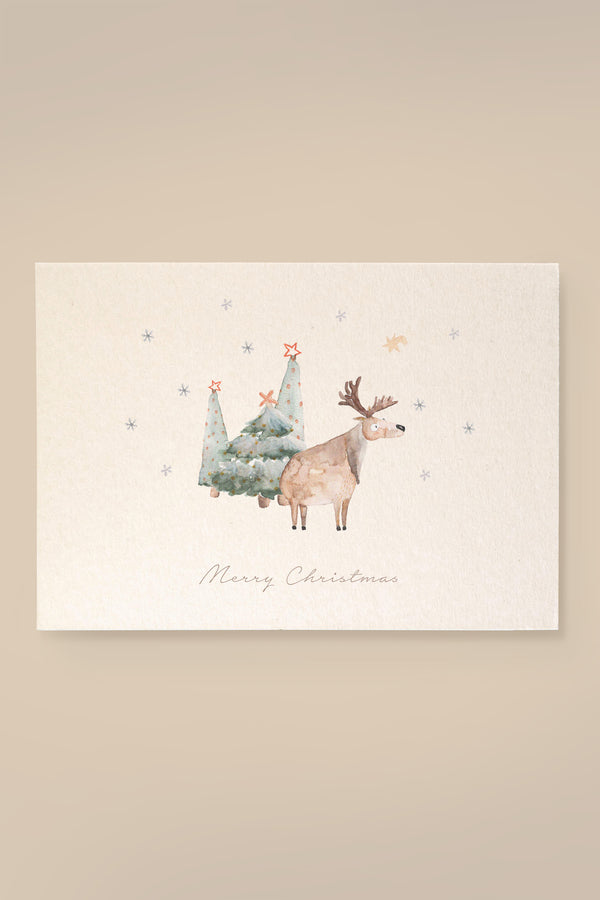 Wood Pulp Card Reindeer with Trees 'Merry Christmas'